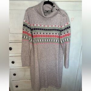 Talbots Women’s Fair Isle Sweater Dress Grey Size L Split Neck